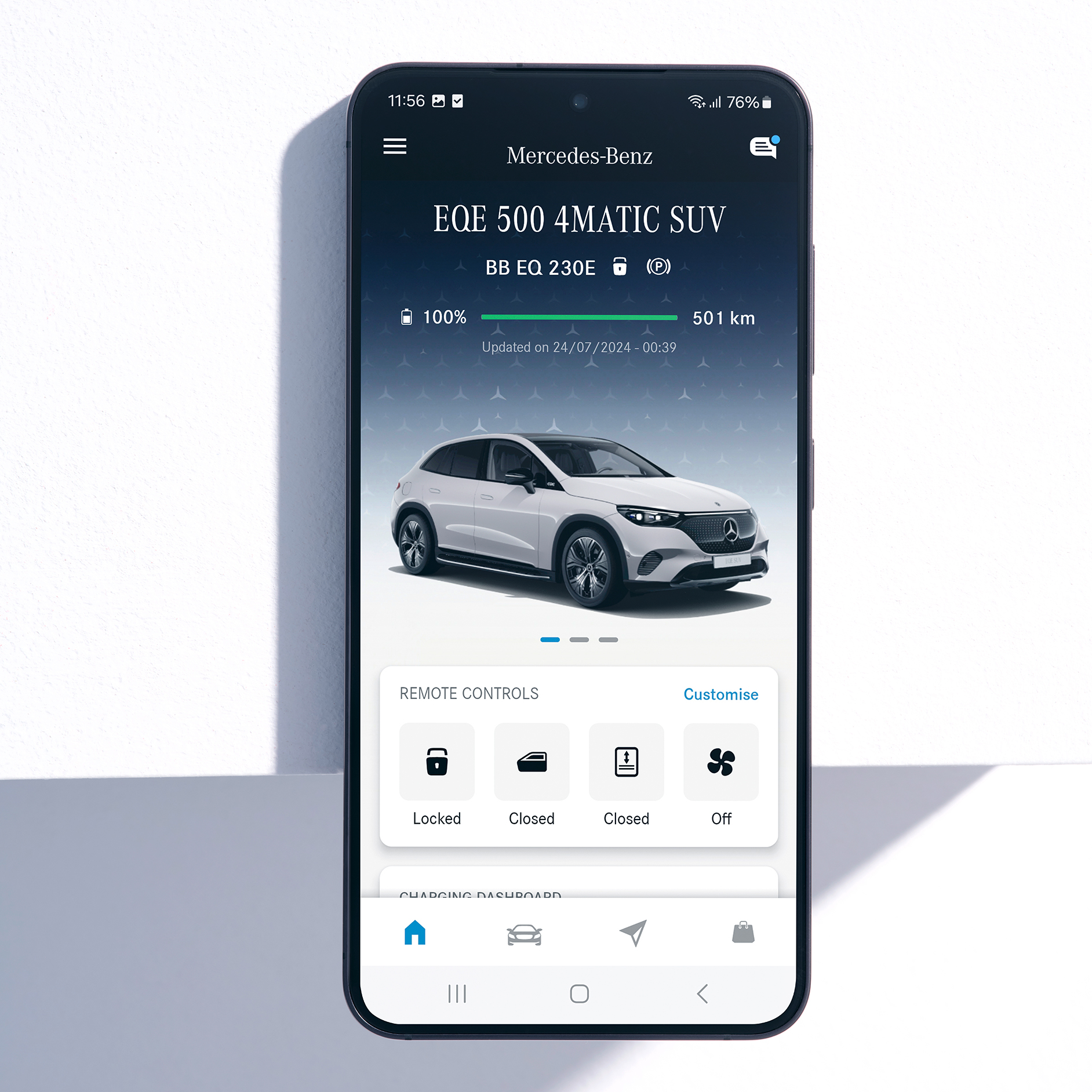 Mercedes me App | Apps | Mercedes me The menu of the Mercedes me App displays the available functions of the Navigation, Remote and GUARD 360˚ Digital Extras on a smartphone.