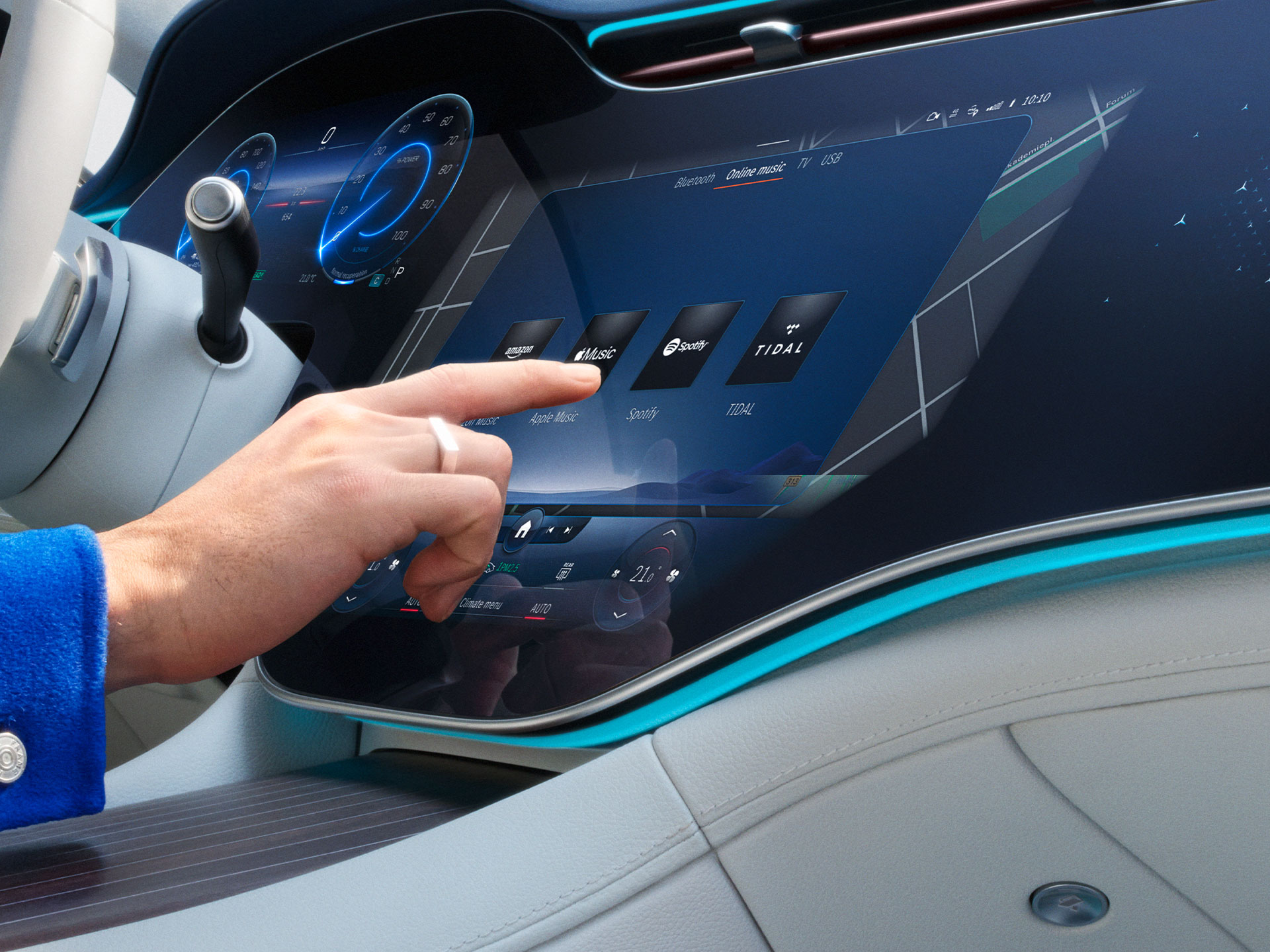 More Digital Extras | Multimedia and Entertainment | Mercedes-Benz Digital Extras being selected on the screen of the MBUX multimedia system in a Mercedes-Benz.