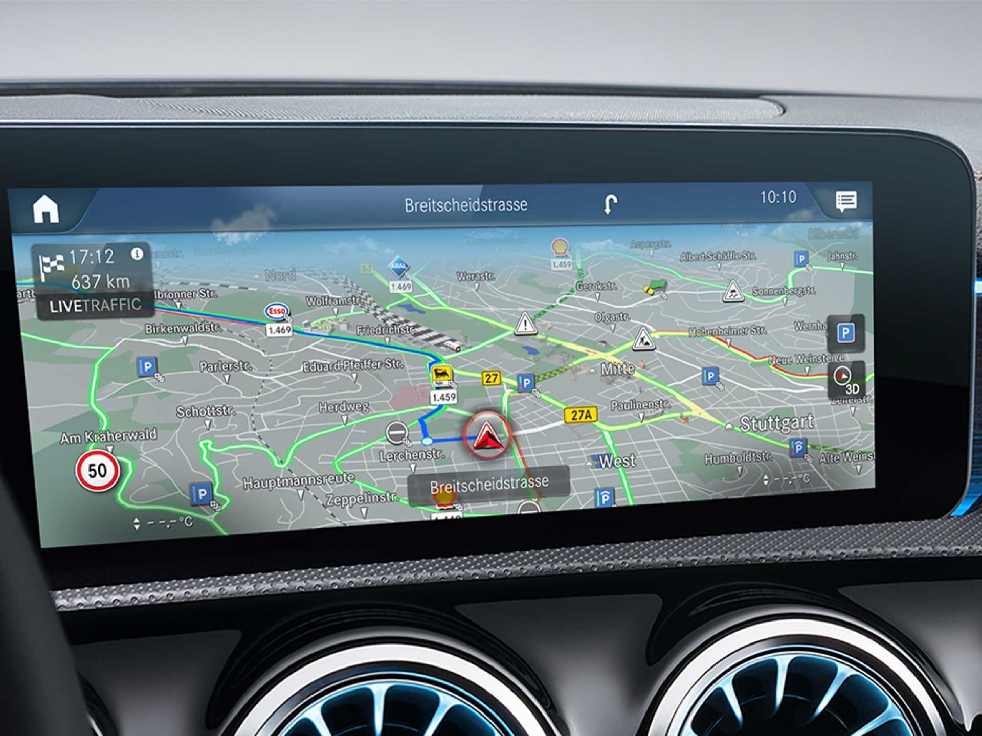 The Car-to-X Communication Digital Extra activated on the screen of the MBUX multimedia system.