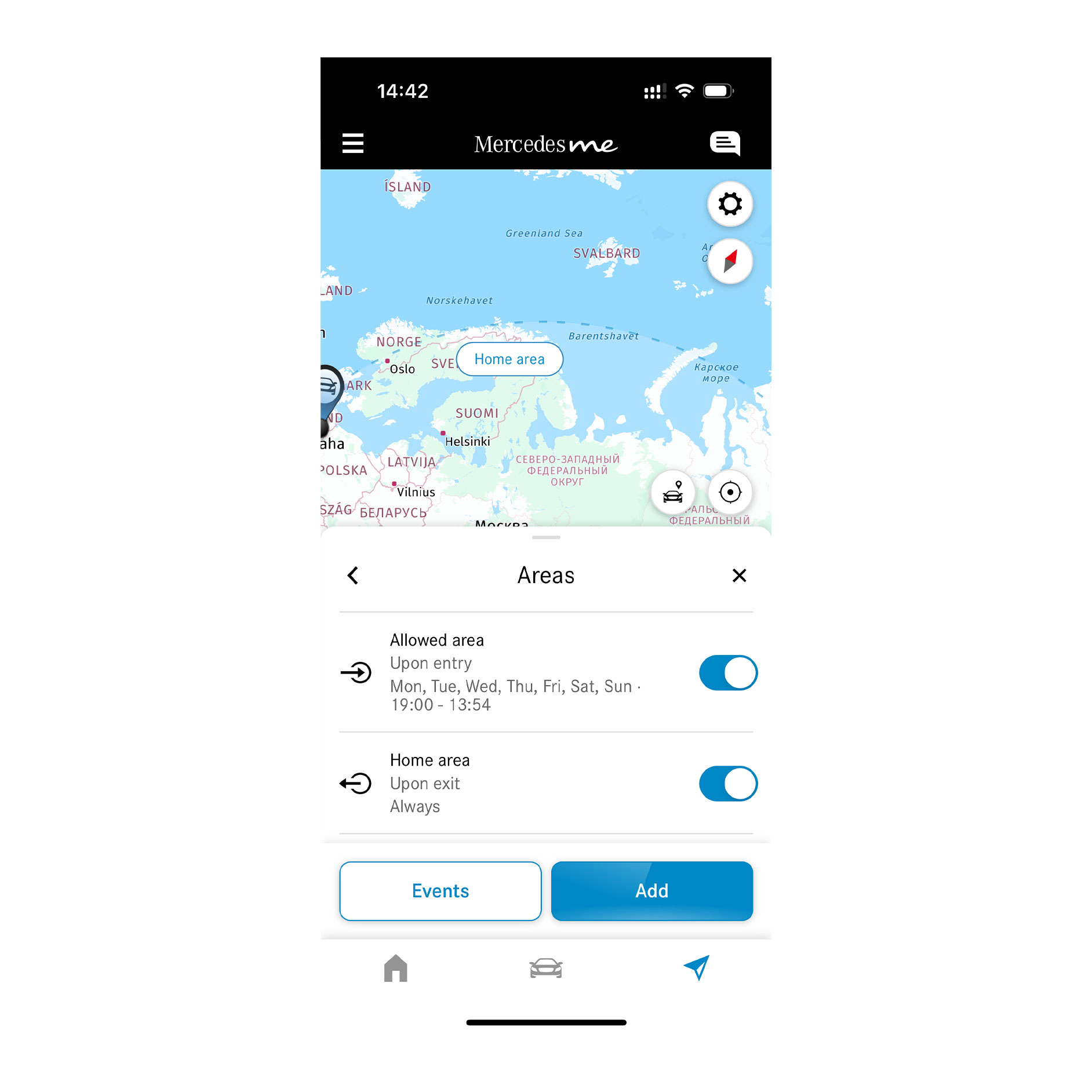 Geofencing | Remote | Mercedes me Thanks to the Geofencing Digital Extra, a smartphone shows if the vehicle is driving inside or outside a defined area.