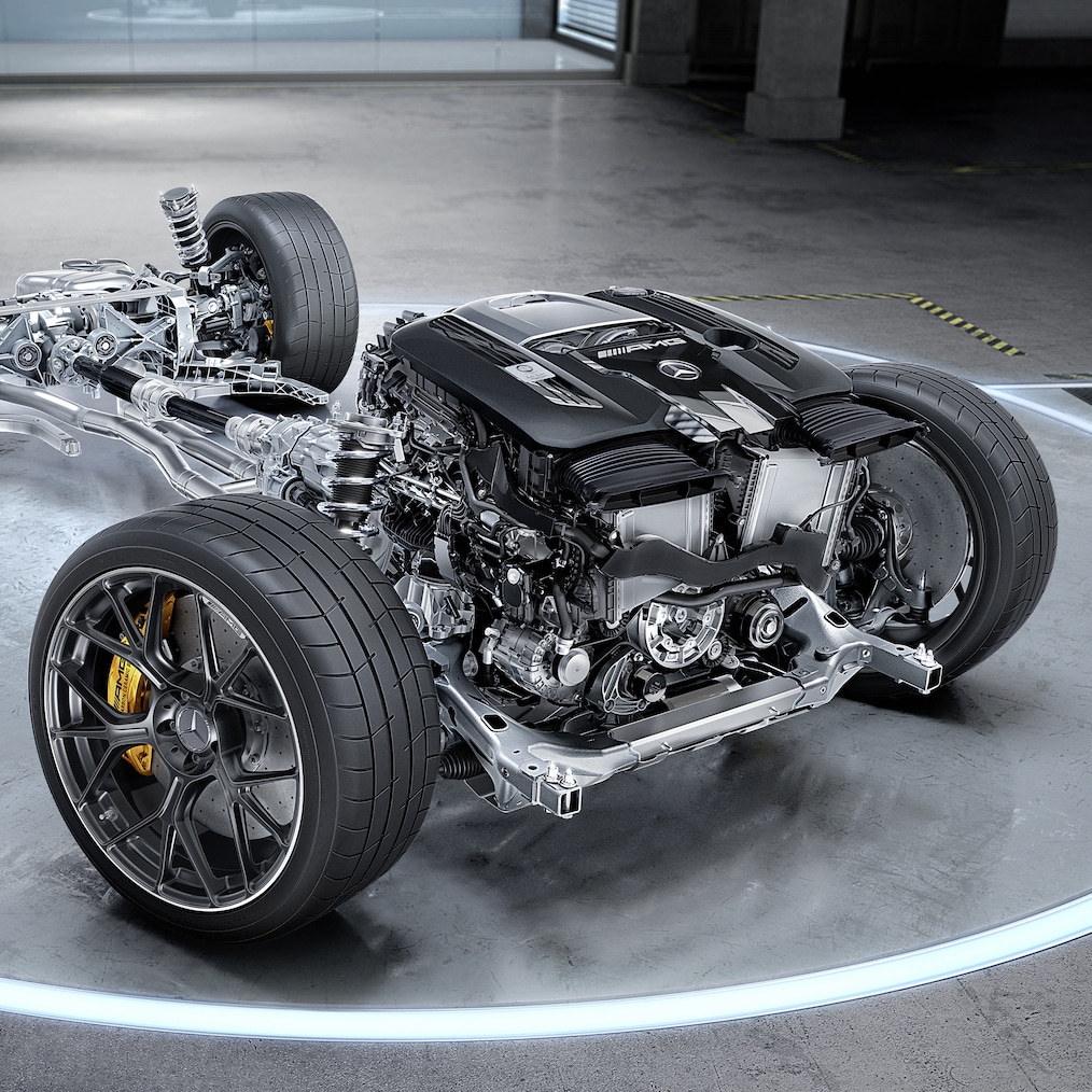 The 4.0-litre V8 biturbo engine of the Mercedes-AMG GT 63 Coupé.