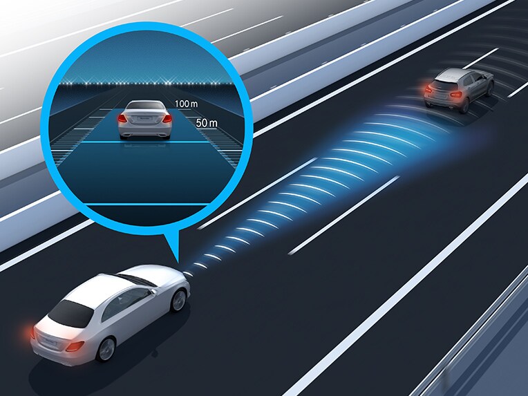 A graphic representation of Active Distance Assist DISTRONIC in the EQA from Mercedes-EQ.