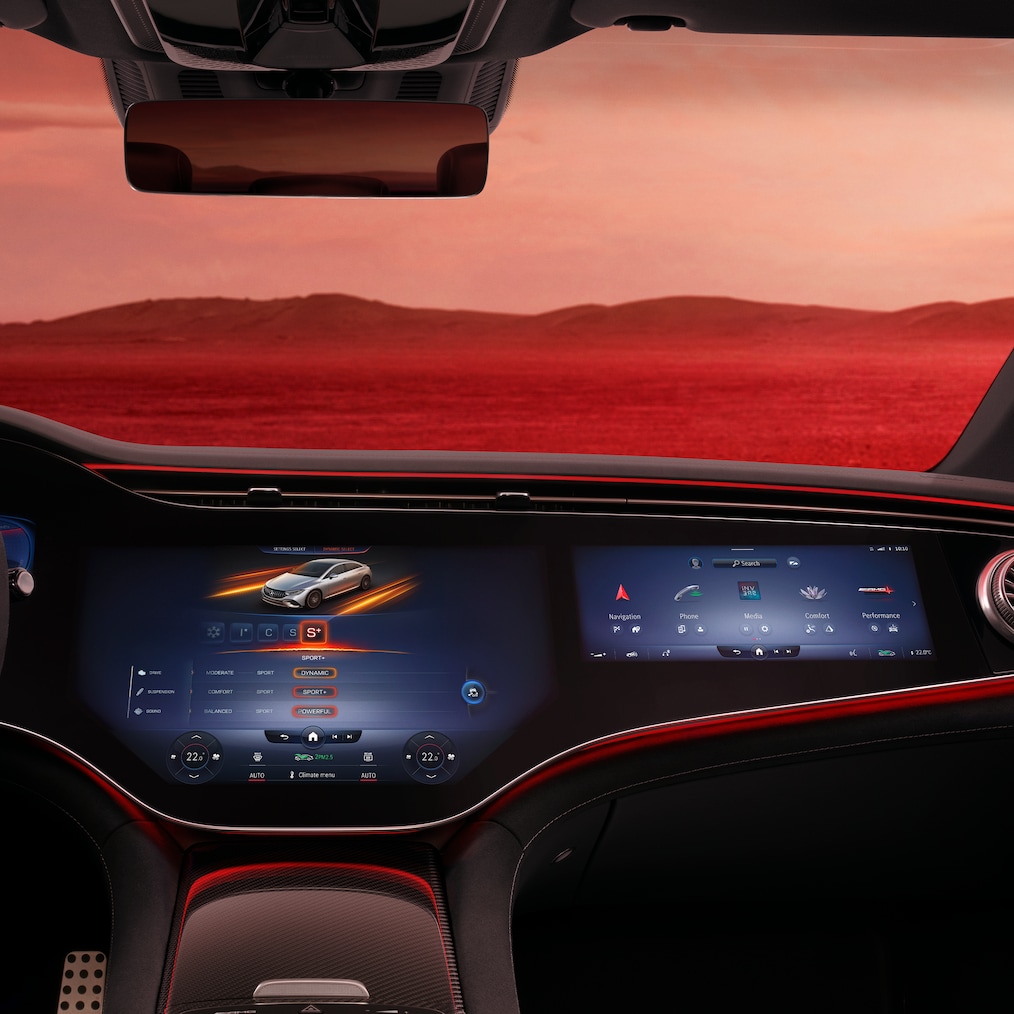 View on the MBUX Hyperscreen, seen from the driver's seat.