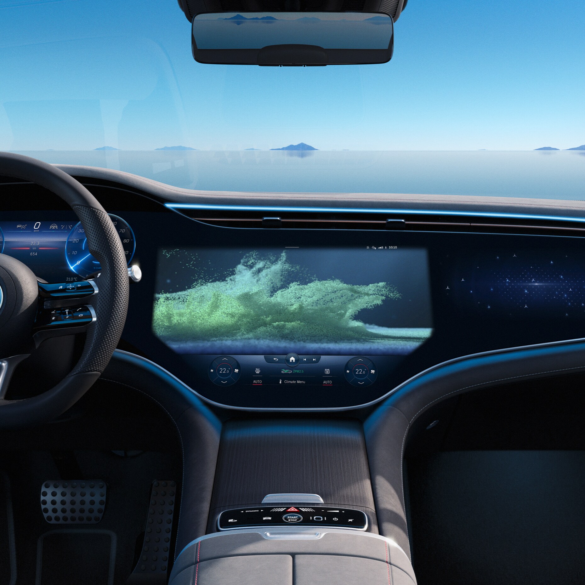 Picture shows the interior of an EQS with hyperscreen