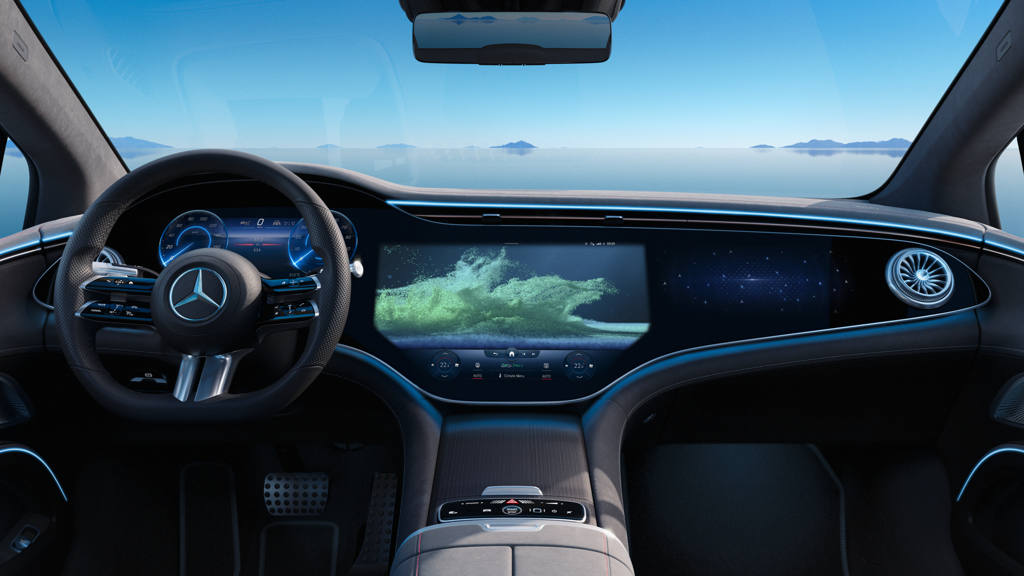 EQS Saloon Picture shows the interior of an EQS with hyperscreen