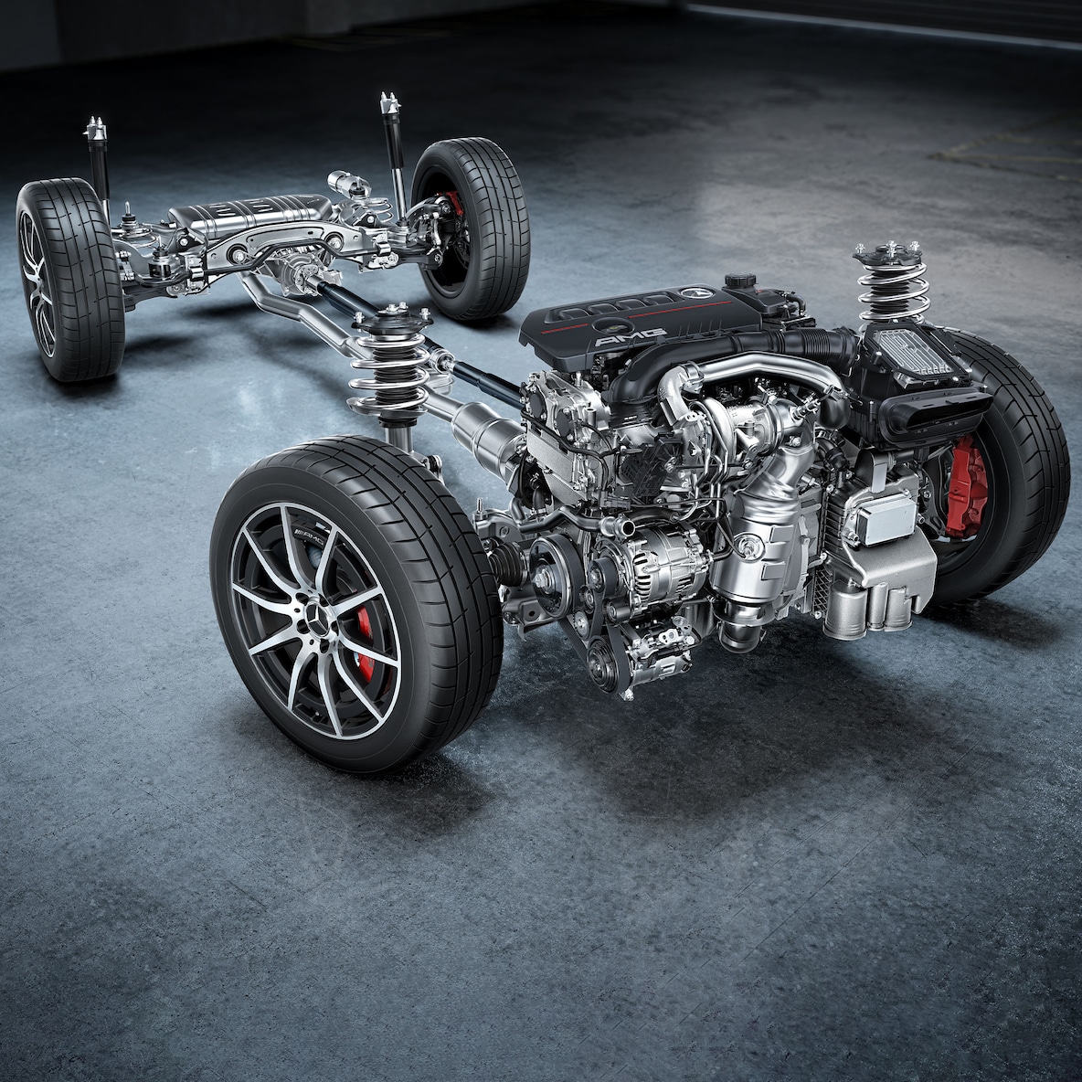 The chassis with drivetrain of the Mercedes-AMG GLA 35 4MATIC.