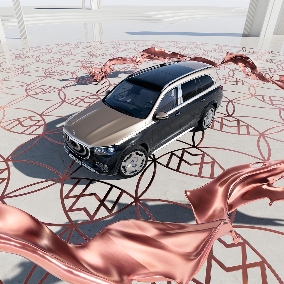 Frontal side view of the Mercedes-Maybach GLS 600 from a bird's eye view.
