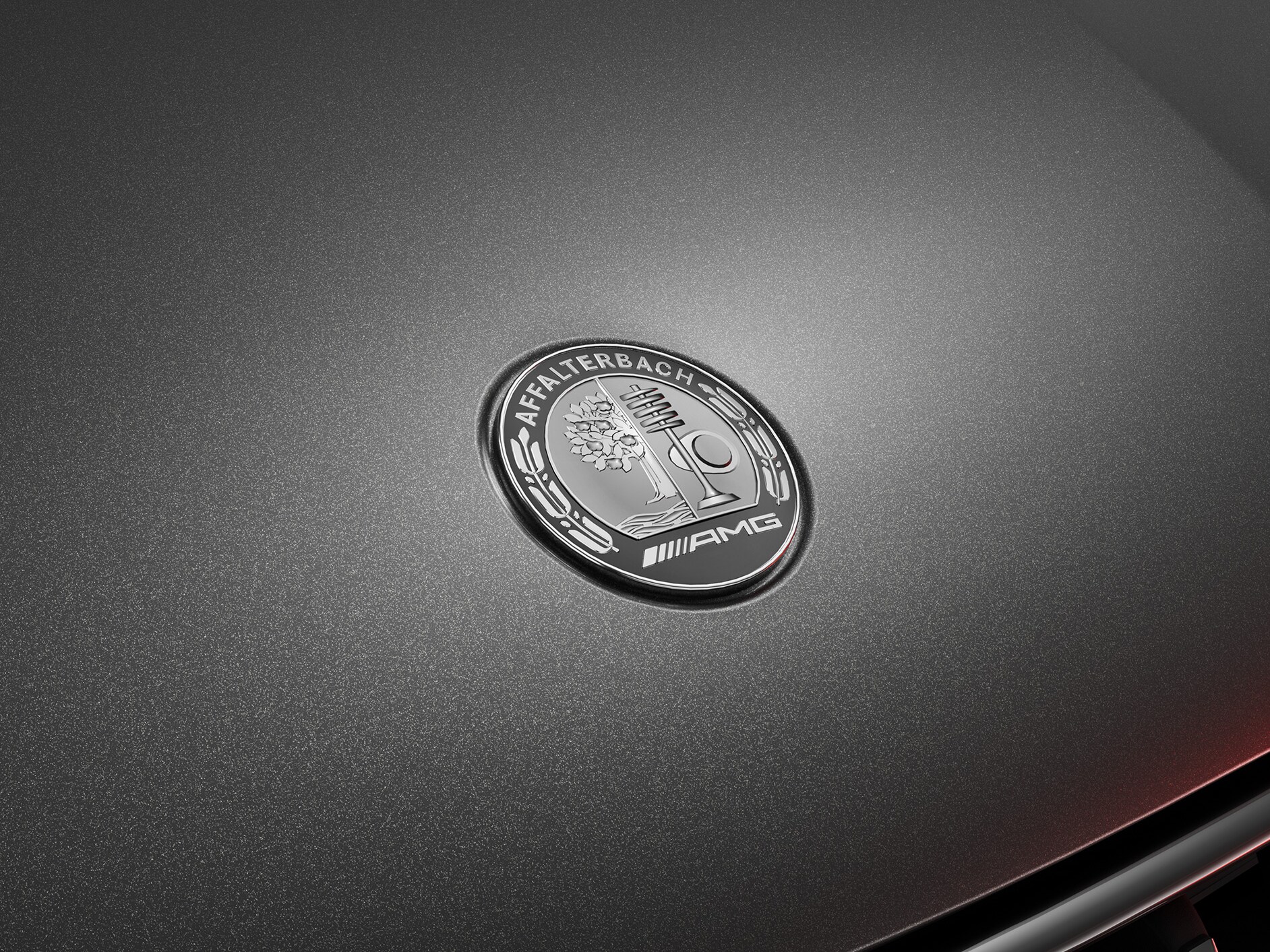 The AMG crest on the front of a Mercedes-AMG model.