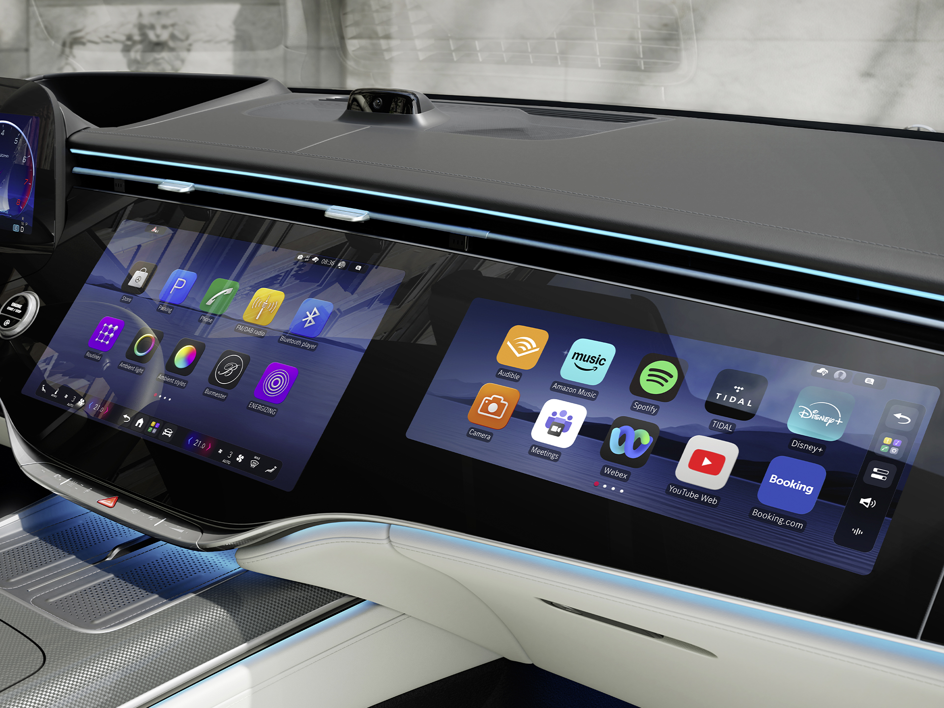 MB.OS | S-Class Saloon | Mercedes-Benz The MBUX superscreen in the cockpit of the new Mercedes-Benz S-Class Saloon Long showing MB.OS from Mercedes-Benz.