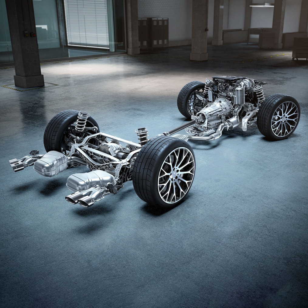 Mercedes-AMG SL Roadster drivetrain in the engineering area.