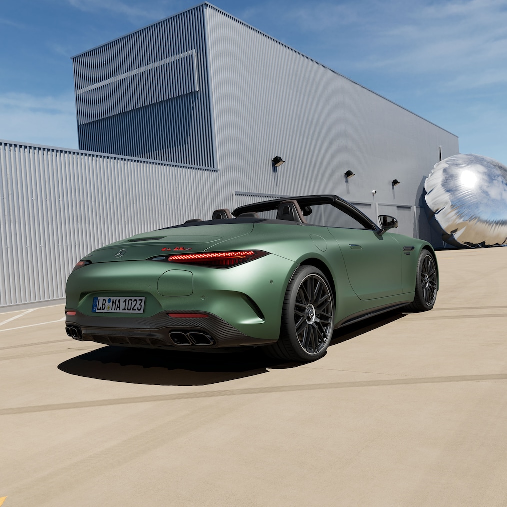 Mercedes-AMG SL 63 S E PERFORMANCE with soft top down, seen from above or Illustration of AMG rear-axle steering.