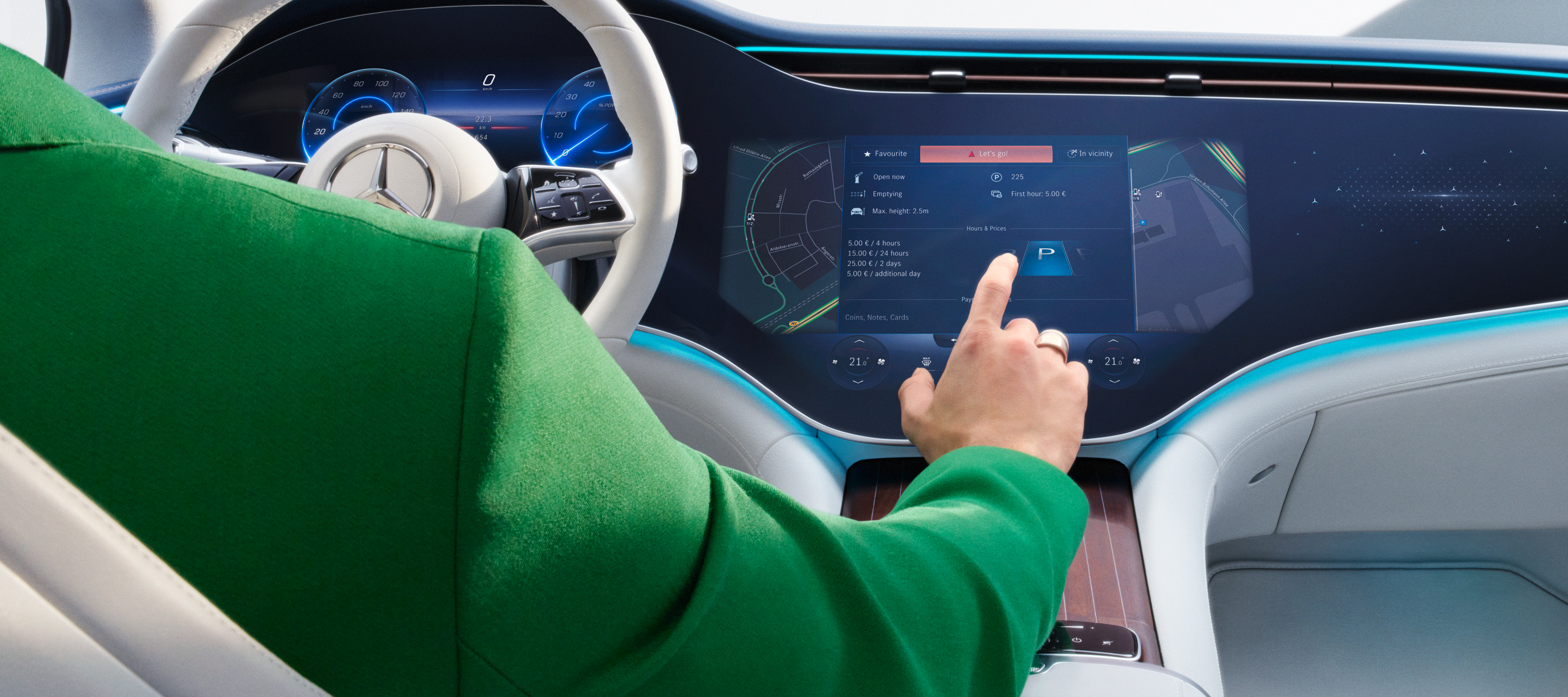Digital Extras are selected on the screen of the MBUX multimedia system in a Mercedes-Benz Digital Extras are selected on the screen of the MBUX multimedia system in a Mercedes-Benz