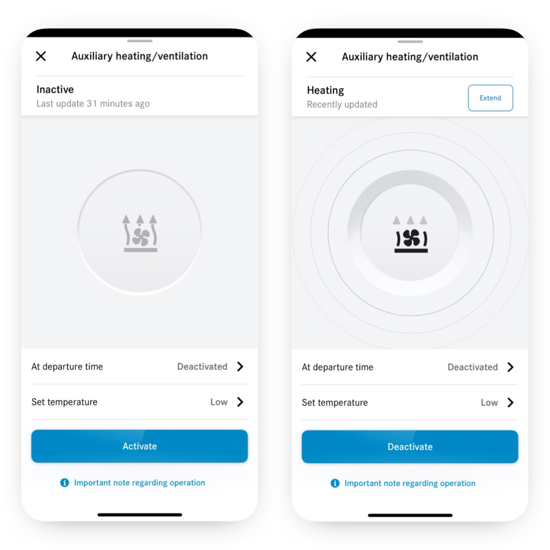 Auxiliary Heating/Ventilation | Excellence Package | Mercedes me The climate control system is set using the Auxiliary Heating/Ventilation Digital Extra on a smartphone.