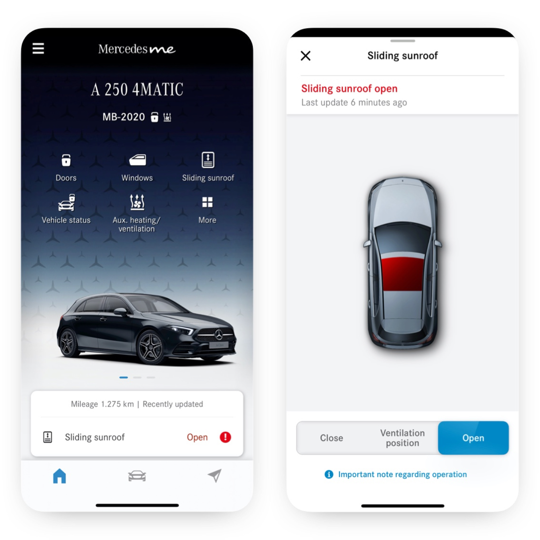 Remote Window and Sunroof Control | Excellence Package | Mercedes me A smartphone shows the various screens that are displayed when the Remote Window and Sunroof Control Digital Extra determines that the sunroof is not closed.