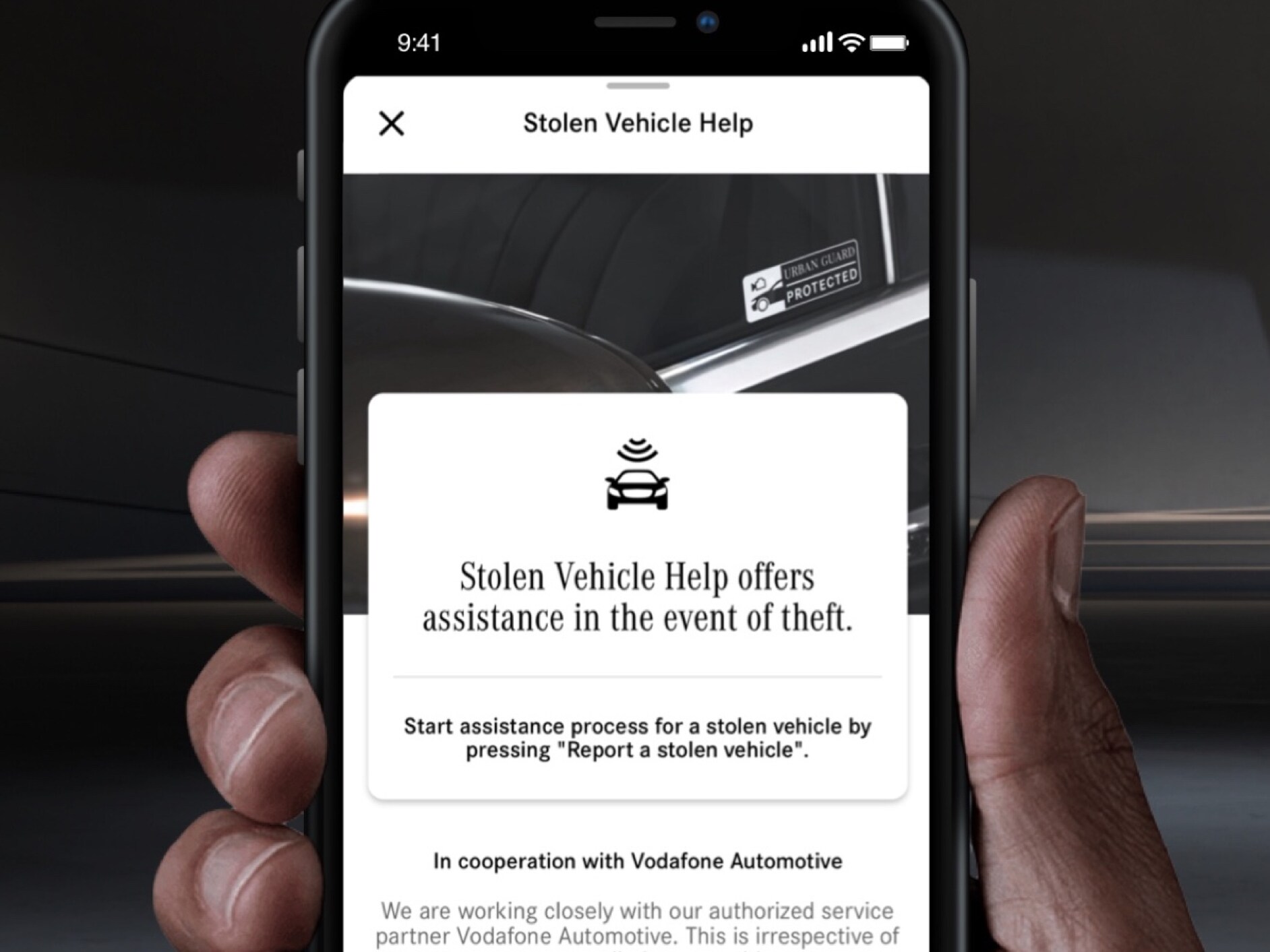 Stolen Vehicle Help is offered through a GUARD 360˚ Digital Extra on a smartphone.