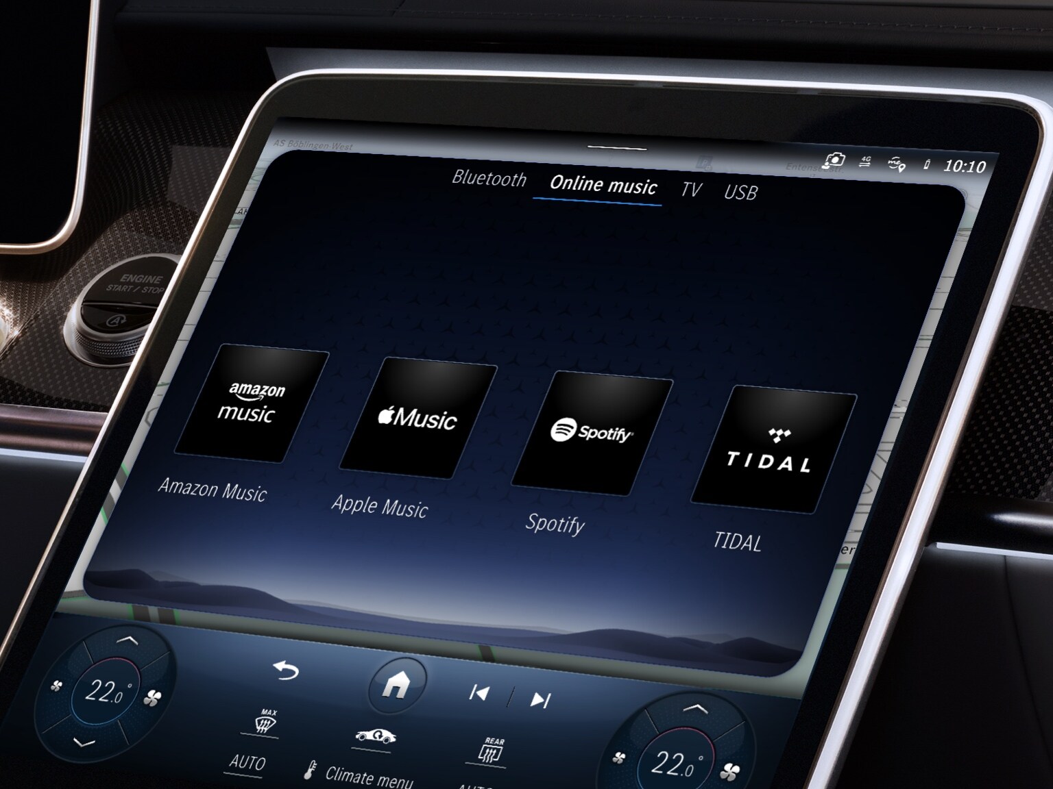 The MBUX multimedia system in a Mercedes-Benz displays different audio streaming services.