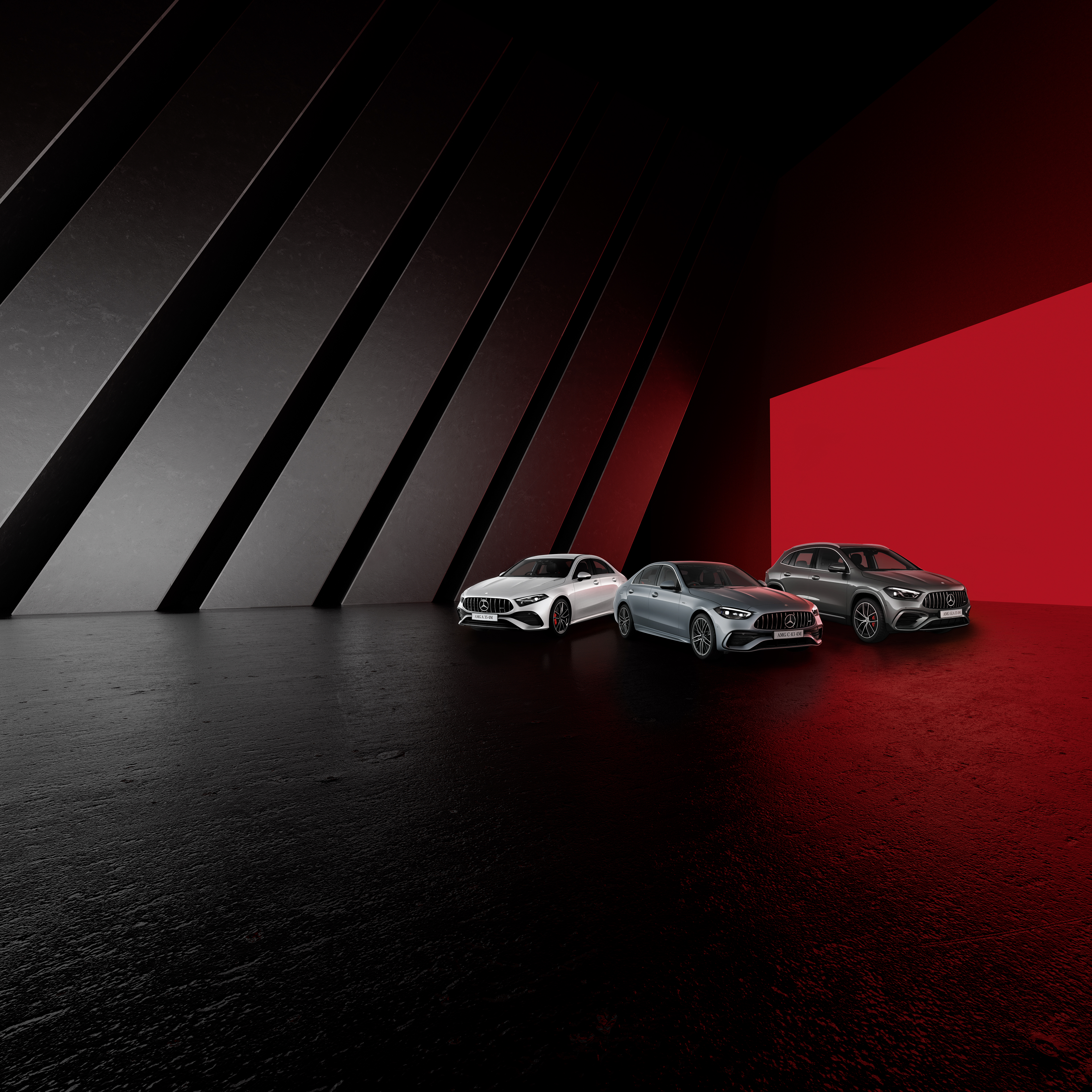 AMG World of Performance: A range of Mercedes-AMG vehicles. A range of Mercedes-AMGs for AMG World of Performance.
