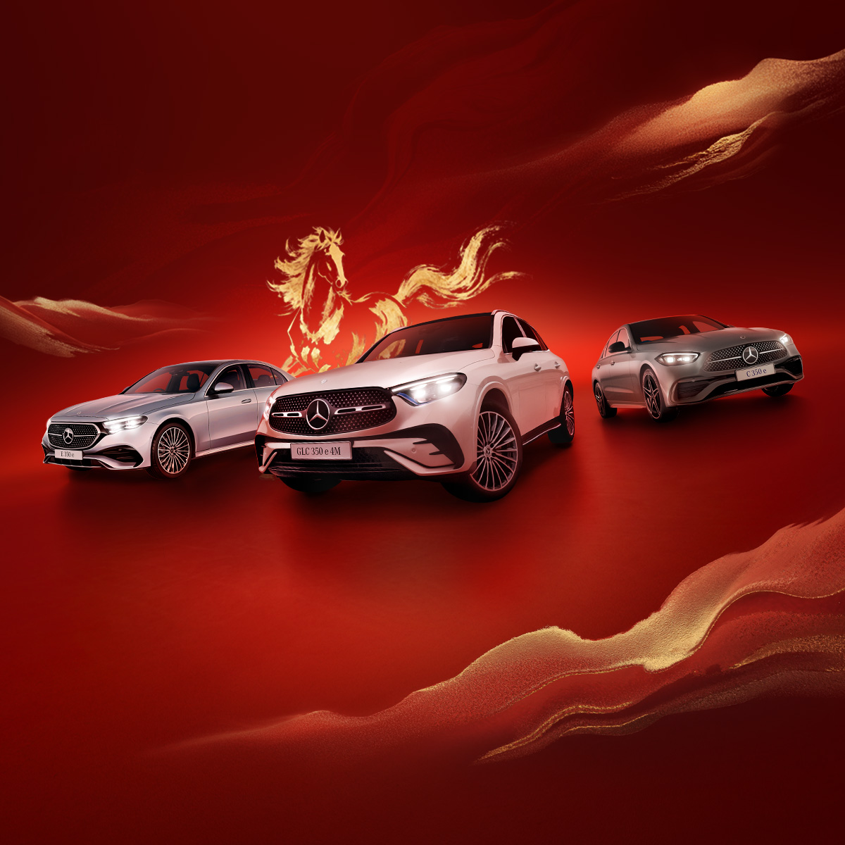 Celebrate the Year of Mǎjestic Offers with the GLC 350 e, C 350 e and E 350 e. The GLC 350 e, C 350 e and E 350 e with red-themed Chinese New Year background for Year of the Horse