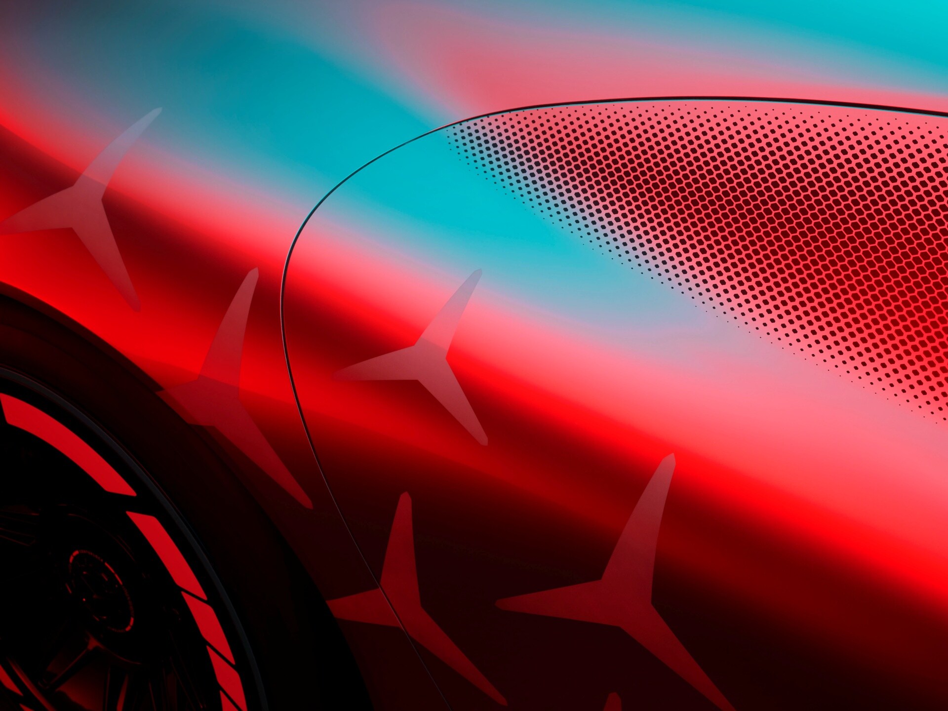 Stylized image of an AMG vehicle in turquoise and red.