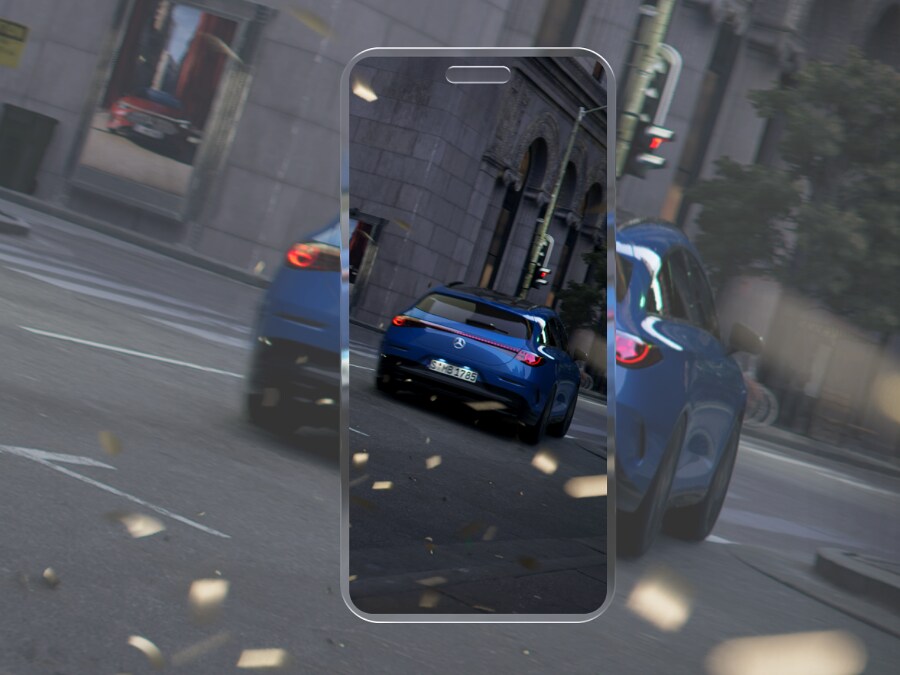Man and woman looking at a phone together next to blue Mercedes-Benz EQC