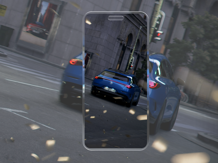 Insurance | Financial | Mercedes-Benz Man and woman looking at a phone together next to blue Mercedes-Benz EQC