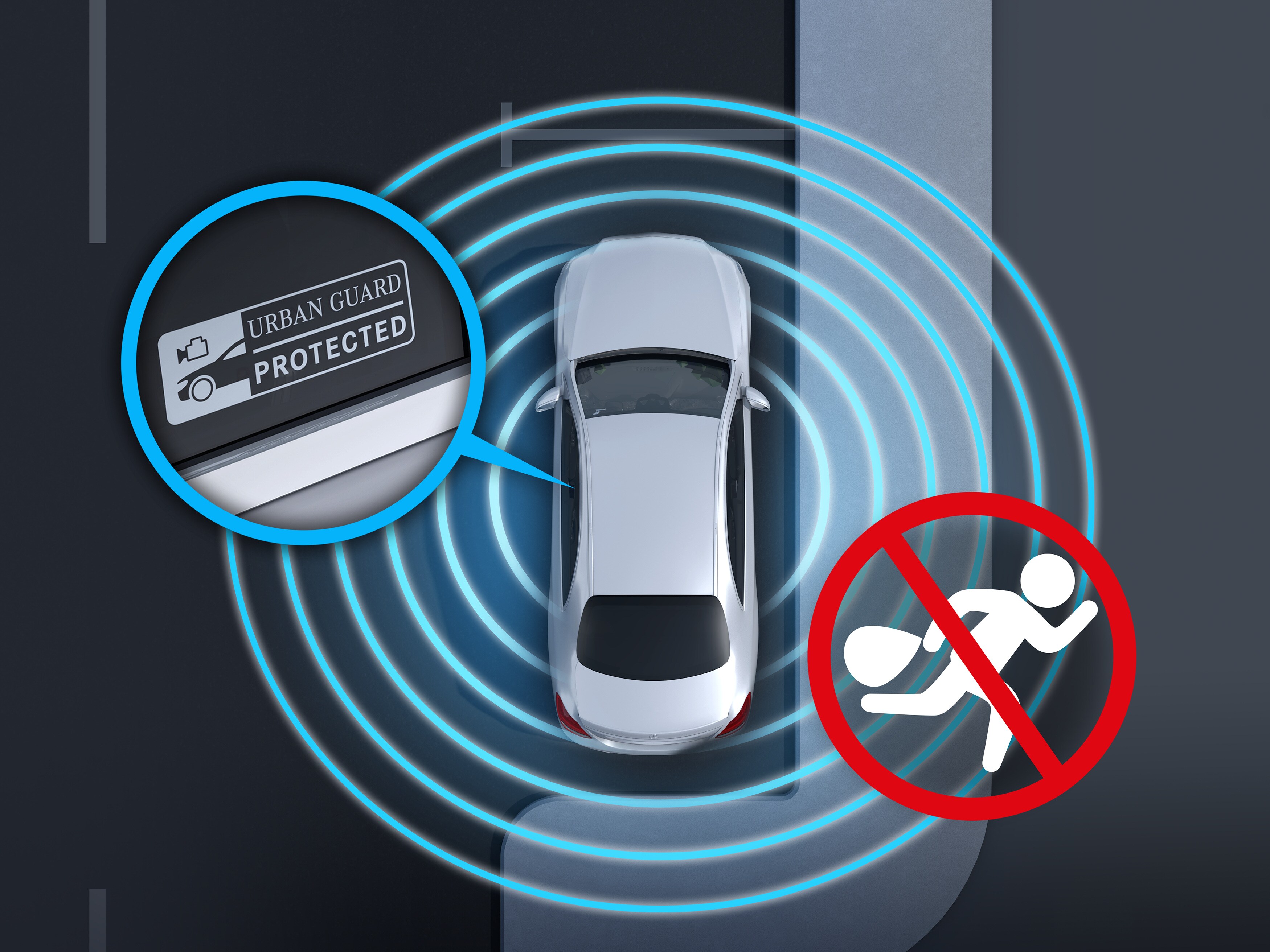 A graphic representation of GUARD 360° vehicle protection in the EQA from Mercedes-EQ.