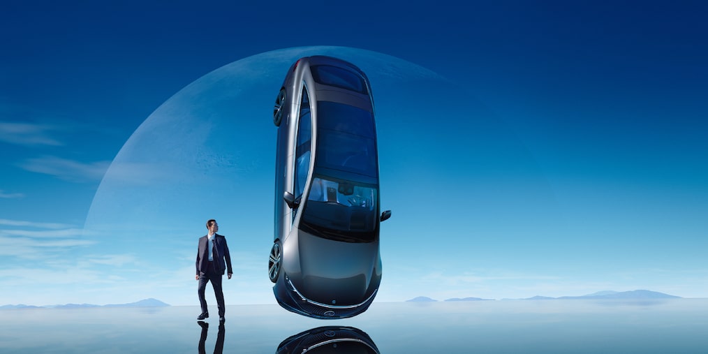 Frontal side view of the EQS Saloon from Mercedes-Benz.