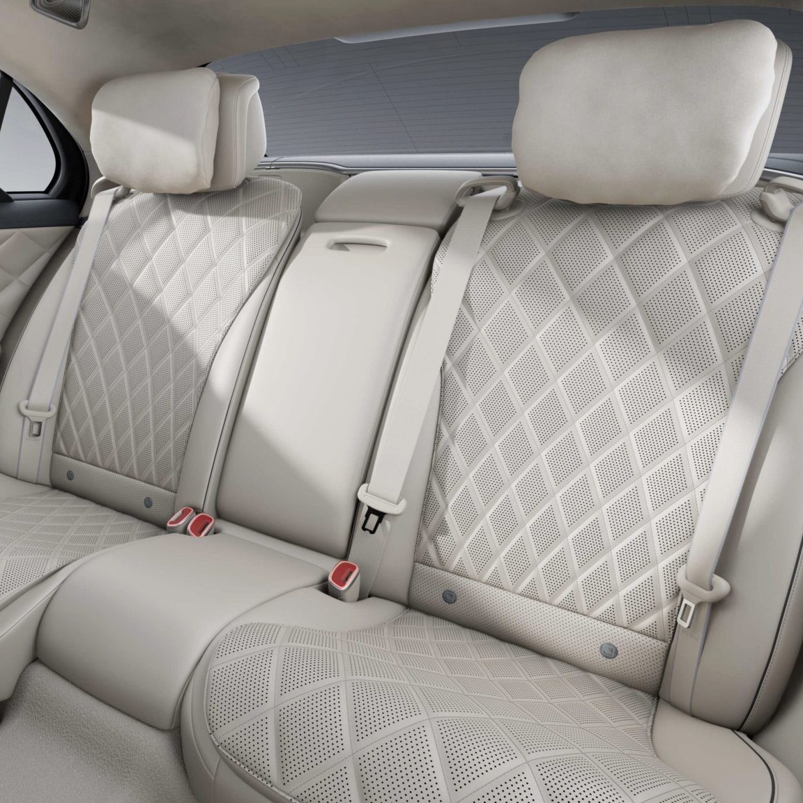 The cockpit of the new Mercedes-Benz Saloon Long shown from between the two front seats.