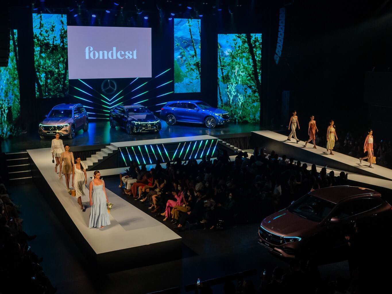 The catwalk at Mercedes-Benz Fashion Week Kuala Lumpur featuring the EQB, EQS and EQC