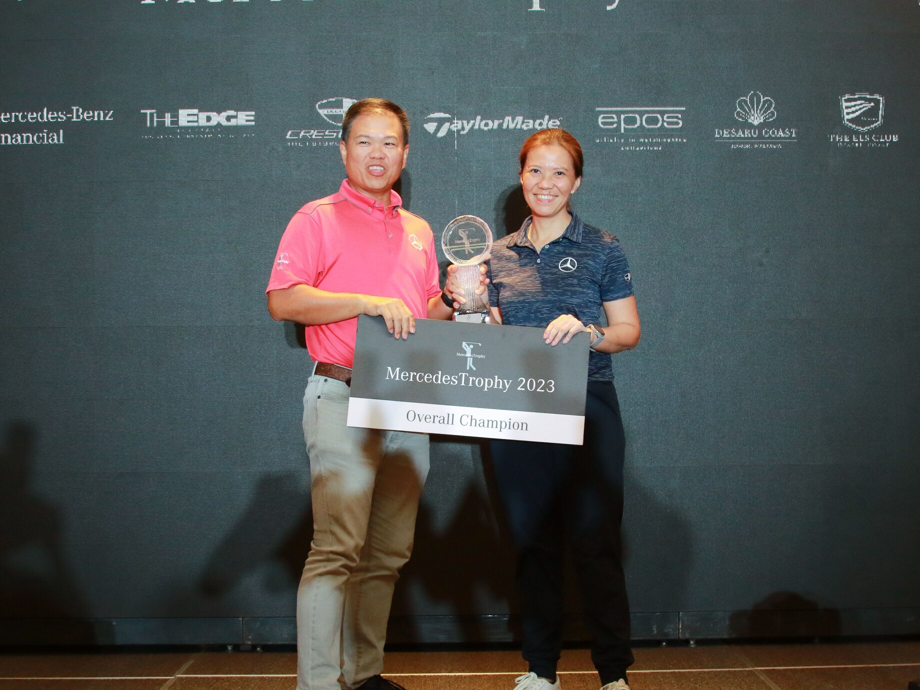 (From L to R) Overall Champion Mr Lim Wee Tet and Ms Elaine Hew, General Manager, Marketing Communication at Mercedes-Benz Cars, Malaysia and SEA II at MercedesTrophy National Final 2023