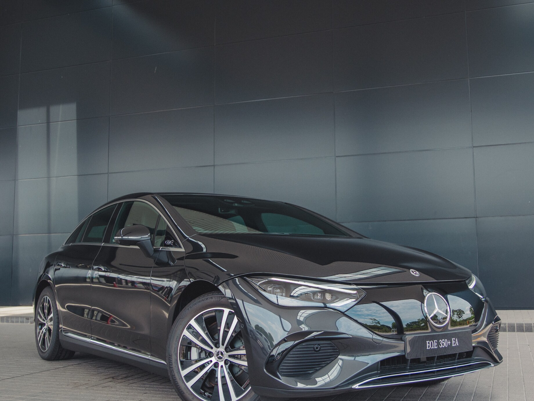 Front exterior of the new EQE 350+ Electric Art Line.